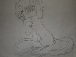 Size: 2016x1512 | Tagged: safe, artist:straighttothepointstudio, oc, species:pony, species:unicorn, black and white, blushing, female, fluffy, grayscale, licking, long tail, looking at you, mare, monochrome, short hair, sitting, solo, tongue out, traditional art