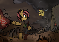 Size: 3500x2500 | Tagged: safe, artist:tatykin, oc, oc only, oc:ratchet scram, species:pegasus, species:pony, fallout equestria, 69 (number), ar15, duster, fallout, fanfic, fanfic art, gun, hooves, male, pegasus enclave, pipbuck, rifle, sparkle cola, spread wings, stallion, truck, wasteland, weapon, wings