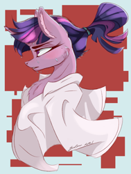 Size: 2800x3700 | Tagged: safe, artist:galinn-arts, character:twilight sparkle, species:pony, species:unicorn, abstract background, alternate hairstyle, blushing, cheek fluff, chest fluff, clothing, ear fluff, female, lab coat, mare, ponytail, profile, solo