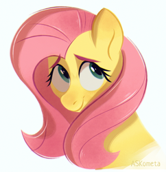 Size: 1744x1800 | Tagged: safe, artist:askometa, character:fluttershy, species:pegasus, species:pony, bust, cute, eyebrows, eyebrows visible through hair, female, looking sideways, mare, portrait, shyabetes, simple background, smiling, solo, three quarter view, white background