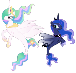 Size: 3113x3000 | Tagged: safe, artist:askometa, character:princess celestia, character:princess luna, species:alicorn, species:pony, species:seapony (g4), crown, duo, duo female, female, high res, hoof shoes, jewelry, looking sideways, regalia, royal sisters, seaponified, seapony celestia, seapony luna, show accurate, siblings, simple background, sisters, species swap, transparent background, vector