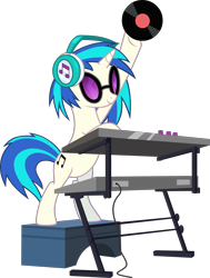Size: 1888x2500 | Tagged: safe, artist:askometa, character:dj pon-3, character:vinyl scratch, species:pony, species:unicorn, episode:slice of life, g4, my little pony: friendship is magic, bipedal, bipedal leaning, dexterous hooves, female, headphones, high res, holding up, leaning, mare, record, show accurate, simple background, smiling, solo, sunglasses, transparent background, turntable, vector