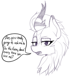 Size: 908x934 | Tagged: safe, artist:pinkberry, character:cinder glow, character:summer flare, species:kirin, bust, cinder glow is not amused, female, lidded eyes, looking at you, monochrome, sketch, solo, text, unamused