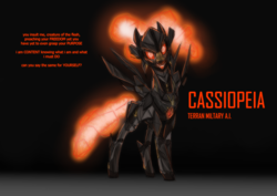 Size: 3508x2480 | Tagged: safe, artist:andromailus, oc, oc only, oc:cassiopeia, species:pony, robot, robot pony, simple background, solo, text