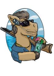 Size: 1920x2716 | Tagged: safe, artist:lizardwithhat, species:earth pony, species:pony, bruce campbell, clothing, cloud, crossover, earbuds, gun, hawaiian shirt, mojito, ocean, ponified, rifle, shirt, simple background, sky, sunglasses, transparent background, weapon