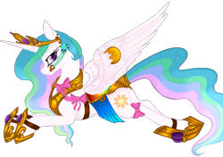 Size: 1359x958 | Tagged: safe, artist:nightingalewolfie, character:princess celestia, species:pony, armor, bow, bridle, crown, female, jewelry, prone, regalia, simple background, solo, tack, transparent background