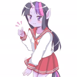 Size: 2048x2048 | Tagged: safe, artist:moh_mlp2, character:twilight sparkle, species:anthro, ambiguous facial structure, anime, blushing, clothing, crossover, cute, female, high res, looking at you, lucky star, miniskirt, moe, pleated skirt, sailor uniform, skirt, solo, style emulation, thumbs up, twiabetes, uniform