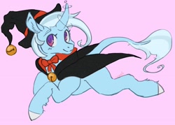 Size: 2450x1750 | Tagged: safe, artist:slimeprnicess, character:trixie, species:pony, species:unicorn, bow tie, clothing, curved horn, female, hat, horn, leg fluff, leonine tail, no pupils, prone, solo, witch costume, witch hat
