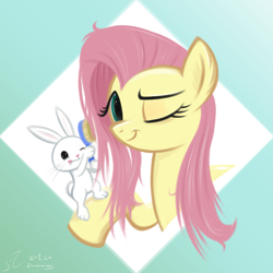 Size: 2791x2791 | Tagged: safe, artist:flutterstormreturns, character:angel bunny, character:fluttershy, species:pony, abstract background, brush, brushing, bust, cute, duo, female, hairbrush, high res, looking at you, mare, messy mane, one eye closed, portrait, shyabetes, smiling, tongue out