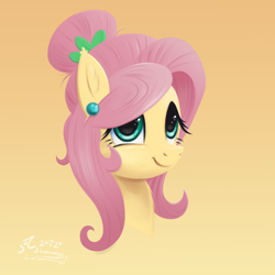 Size: 3800x3800 | Tagged: safe, artist:flutterstormreturns, character:fluttershy, species:pony, alternate hairstyle, bust, cute, ear fluff, ear piercing, earring, female, high res, jewelry, mare, neck fluff, orange background, piercing, portrait, shyabetes, simple background, smiling, solo