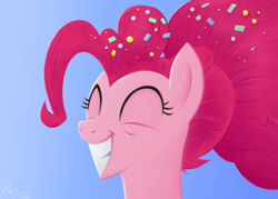 Size: 4578x3273 | Tagged: safe, artist:flutterstormreturns, character:pinkie pie, species:earth pony, species:pony, episode:the last problem, g4, my little pony: friendship is magic, bust, eyes closed, female, happy, high res, older, older pinkie pie, portrait, simple background, smiling, solo