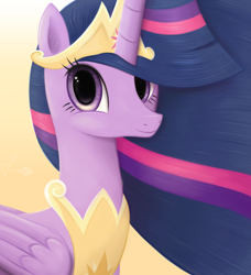 Size: 3644x4000 | Tagged: safe, artist:flutterstormreturns, character:twilight sparkle, character:twilight sparkle (alicorn), species:alicorn, species:pony, episode:the last problem, g4, my little pony: friendship is magic, bust, eye contact, female, folded wings, high res, looking at each other, looking at you, portrait, princess twilight 2.0, simple background, solo, wings, yellow background