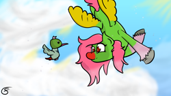 Size: 1920x1080 | Tagged: safe, artist:gamer-shy, species:bird, species:pegasus, species:pony, animal, cloud, female, flying, green fur, hummingbird, messy mane, multicolored coat, pink mane, red eyes, solo