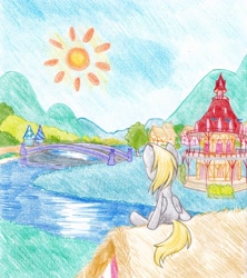 Size: 2600x2925 | Tagged: safe, artist:michiito, part of a set, character:derpy hooves, species:pegasus, species:pony, bridge, colored pencil drawing, female, mare, ponyville, ponyville town hall, rear view, river, scenery, sitting, solo, sun, traditional art