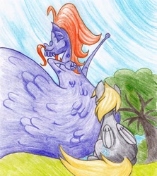 Size: 2552x2871 | Tagged: safe, artist:michiito, part of a set, character:derpy hooves, character:steven magnet, species:pegasus, species:pony, species:sea serpent, colored pencil drawing, duo, female, male, mare, rear view, sitting, stretching, traditional art, tree