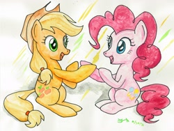Size: 3000x2250 | Tagged: safe, artist:michiito, character:applejack, character:pinkie pie, species:earth pony, species:pony, episode:hearthbreakers, g4, my little pony: friendship is magic, duo, looking at each other, sitting, smiling, traditional art, watercolor painting