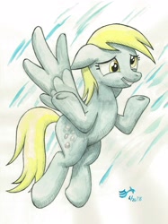 Size: 3170x4227 | Tagged: safe, alternate version, artist:michiito, character:derpy hooves, species:pegasus, species:pony, female, grin, nervous, nervous grin, shrug, smiling, solo, traditional art, watercolor painting