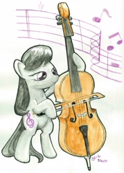 Size: 3000x4189 | Tagged: safe, artist:michiito, character:octavia melody, species:earth pony, species:pony, cello, female, music notes, musical instrument, solo, traditional art, watercolor painting