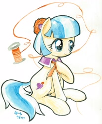 Size: 3306x4000 | Tagged: safe, artist:michiito, character:coco pommel, species:earth pony, species:pony, female, hoof on chest, mare, smiling, solo, spool, thread, traditional art, watercolor painting