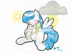 Size: 4000x3000 | Tagged: safe, artist:michiito, character:bulk biceps, character:fluttershy, character:white lightning, species:pegasus, species:pony, eyes closed, female, implied flutterbulk, shipper on deck, smiling, solo, toy, traditional art, watercolor painting