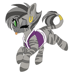 Size: 2477x2477 | Tagged: safe, artist:red_moonwolf, edit, oc, oc only, oc:zyala, species:zebra, clothing, colored, cute, ear piercing, earring, female, hoodie, jewelry, one eye closed, piercing, simple background, solo, tongue out, transparent background, wink