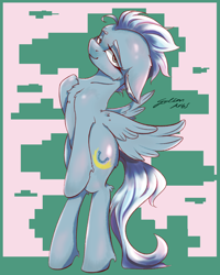 Size: 4000x5000 | Tagged: safe, artist:galinn-arts, character:fleetfoot, species:pegasus, species:pony, abstract background, bedroom eyes, bipedal, commission, female, mare, signature