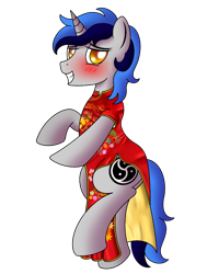Size: 800x1000 | Tagged: safe, artist:cappie, oc, oc only, oc:cappie, species:pony, blushing, cheongsam, chinese dress, clothing, crossdressing, dress, male, satin, silk, simple background, solo, stallion, transparent background