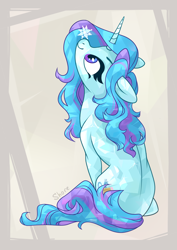 Size: 2894x4093 | Tagged: safe, artist:shore2020, oc, oc only, oc:winter doodle, species:crystal pony, species:pony, crystal unicorn, female, high res, horn, looking at something, looking up, mare, sitting, snow, snowflake, solo