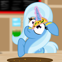 Size: 1450x1450 | Tagged: safe, artist:puperhamster, character:trixie, species:pony, species:unicorn, female, food, glowing horn, horn, horn impalement, magic, pizza, silly, silly pony, solo