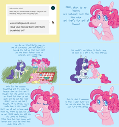Size: 1760x1878 | Tagged: safe, artist:ask-pinkie-polkadot-pie, character:fluttershy, character:pinkie pie, character:rarity, species:pony, ask, hoof polish, picnic, tumblr:ask-pinkie-polkadot-pie, younger