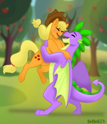 Size: 2051x2386 | Tagged: safe, artist:bellbell123, character:applejack, character:spike, species:dragon, ship:applespike, apple, apple orchard, apple tree, carrying, cute, eyes closed, female, high res, male, older, older spike, open mouth, orchard, shipping, straight, teary eyes, tree, winged spike