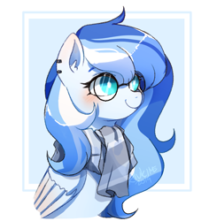 Size: 1040x1101 | Tagged: safe, artist:riukime, oc, oc only, oc:skyla blue, species:pegasus, species:pony, bust, clothing, digital art, female, glasses, mare, original character do not steal, portrait, scarf, simple background, solo, white background