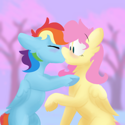 Size: 800x800 | Tagged: safe, artist:antimationyt, character:fluttershy, character:rainbow dash, species:pegasus, species:pony, ship:flutterdash, blushing, eyes closed, female, floppy ears, folded wings, kiss on the lips, kissing, lesbian, mare, missing cutie mark, outdoors, raised hoof, shipping, surprised, tree, unshorn fetlocks, wings