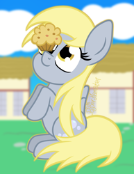 Size: 1400x1811 | Tagged: safe, artist:puperhamster, character:derpy hooves, species:pegasus, species:pony, balancing, cute, derpabetes, female, food, muffin, ponies balancing stuff on their nose, silly, silly pony, sitting, solo