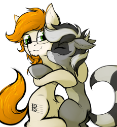 Size: 2400x2600 | Tagged: safe, artist:tatykin, oc, oc:bandy cyoot, oc:jerry alton, species:earth pony, species:pony, admiration, admiring, alto clef, big ears, black stripe, closed mouth, cutie mark, ears, ears up, eye, eyebrows, eyelashes, eyes, facial hair, female, floppy ears, food, glasses, goatee, gray coat, green eyes, hair, happy, hooves, hug, hybrid, lines, long hair male, loose hair, love, male, mare, mask, multicolored hair, muzzle, nose, nostrils, orange, raccoon, raccoon pony, raised eyebrows, shading, shipping, short tail, smiling, snout, soft, stallion, striped tail, stripes, together, two toned mane, white pony, white stripes