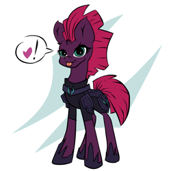 Size: 1000x1000 | Tagged: safe, artist:yooyfull, character:tempest shadow, species:pony, species:unicorn, abstract background, blep, cute, dialogue, female, heart, mare, mlem, pictogram, silly, solo, speech bubble, storm king's emblem, tempestbetes, tongue out