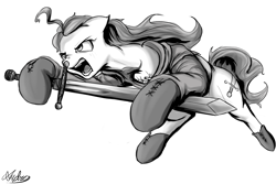 Size: 1500x1000 | Tagged: safe, artist:andromailus, oc, oc:nordpone, species:earth pony, species:pony, clothing, leaping, monochrome, simple background, solo, sword, weapon, white background