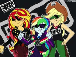 Size: 1482x1112 | Tagged: safe, artist:malevolentsamson, character:applejack, character:rainbow dash, character:sunset shimmer, my little pony:equestria girls, clothing, female, new world order, parody, trio