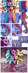 Size: 1500x3900 | Tagged: safe, artist:nancy-05, commissioner:bigonionbean, writer:bigonionbean, character:adagio dazzle, character:aria blaze, character:sonata dusk, oc, oc:melicus ostium, species:siren, comic:fusing the fusions, comic:time of the fusions, argument, blushing, chest, comic, confusion, conjoined, dialogue, dungeon, evil planning in progress, female, forced, fused, fusion, fusion:melicus ostium, gem, heat, jewelry, magic, merge, multiple heads, panting, prison, regalia, semi-grimdark series, shocked, siren gem, spell, suggestive series, tartarus, three heads, we have become one
