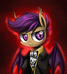 Size: 2000x2200 | Tagged: safe, artist:ketereissm, character:scootaloo, species:bat pony, species:pony, alucard, alucard (castlevania), bat ponified, bust, castlevania, castlevania: symphony of the night, clothing, crossover, cute, female, filly, looking at you, portrait, scootabat, slit eyes, smiley face, solo