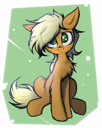 Size: 1280x1600 | Tagged: safe, artist:tatykin, character:applejack, species:earth pony, species:pony, abstract background, chest fluff, cute, ear fluff, female, hatless, jackabetes, leg fluff, looking at you, mare, missing accessory, no pupils, sitting, solo