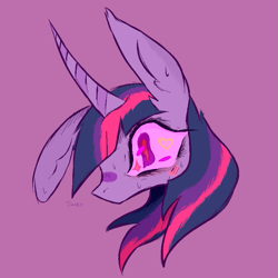Size: 677x677 | Tagged: safe, artist:junko, character:twilight sparkle, character:twilight sparkle (unicorn), species:pony, species:unicorn, big ears, big eyes, colored, colored sketch, digital art, ear fluff, eye lashes, female, head shot, lazy background, long ears, mare, messy, messy lines, messy mane, no mouth, paint tool sai, purple background, simple background, sketch, solo, stylized, sweat, sweatdrop, twilight snapple