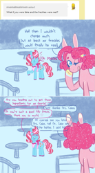 Size: 757x1376 | Tagged: safe, artist:ask-pinkie-polkadot-pie, character:cup cake, character:pinkie pie, species:pony, alternate hairstyle, female, solo, table, tumblr:ask-pinkie-polkadot-pie