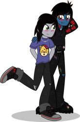 Size: 2021x3067 | Tagged: safe, artist:stellardusk, my little pony:equestria girls, arm behind head, belt, blushing, boots, bring me the horizon, clothing, commission, disguise, disguised siren, drop dead clothing, equestria girls-ified, gay, hand on shoulder, hands behind back, hoodie, jeans, jewelry, kellin quinn, lip piercing, looking at each other, male, necklace, oliver sykes, paint bottle, paint stains, pants, piercing, raised leg, ripped jeans, shipping, shirt, shoes, simple background, sleeping with sirens, smiling, t-shirt, tattoo, transparent background, undershirt