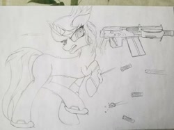 Size: 631x473 | Tagged: safe, artist:straighttothepointstudio, oc, oc only, oc:emination harvest, species:pony, angry, armor, black and white, bullet, bullet hole, fluffy, grayscale, gun, long tail, monochrome, saiga 12k, shotgun, shotgun shell, solo, traditional art, weapon