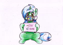 Size: 2082x1496 | Tagged: safe, artist:manny b.garcia, artist:mannybcadavera, character:lyra heartstrings, species:pony, species:unicorn, colored pencil drawing, coronavirus, covid-19, cutie mark, female, implied bon bon, looking at you, paper, sitting, solo, stay at home, traditional art