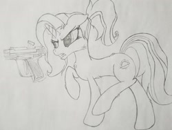 Size: 2016x1512 | Tagged: safe, artist:straighttothepointstudio, character:luster dawn, species:pony, episode:the last problem, g4, my little pony: friendship is magic, angry, black and white, cutie mark, female, fluffy, grayscale, gun, handgun, long hair, long mane, long tail, monochrome, pistol, ponytail, solo, traditional art, weapon
