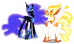 Size: 3687x2194 | Tagged: safe, artist:somashield, character:daybreaker, character:nightmare moon, character:princess celestia, character:princess luna, oc, oc:stardust tutor, parent:nightmare moon, species:alicorn, species:pony, species:unicorn, alicorn oc, aunt and nephew, colt, digital art, ethereal mane, female, filly, galaxy mane, helmet, hoof shoes, horn, male, mane of fire, mother and child, mother and son, offspring, peytral, simple background, size difference, slit pupils, transparent background, trio, wings