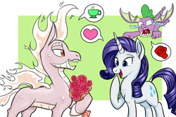 Size: 1800x1200 | Tagged: safe, artist:redahfuhrerking, community related, character:rarity, character:spike, species:dragon, species:longma, species:pony, them's fightin' herds, background character, bouquet, flower, hybrid, jealous, mane of fire, this will end in a fight, this will not end well, winged spike