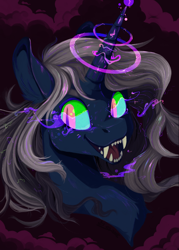 Size: 1750x2450 | Tagged: safe, artist:slimeprnicess, oc, oc only, species:pony, species:unicorn, fangs, magic, magic aura, solo, sombra eyes